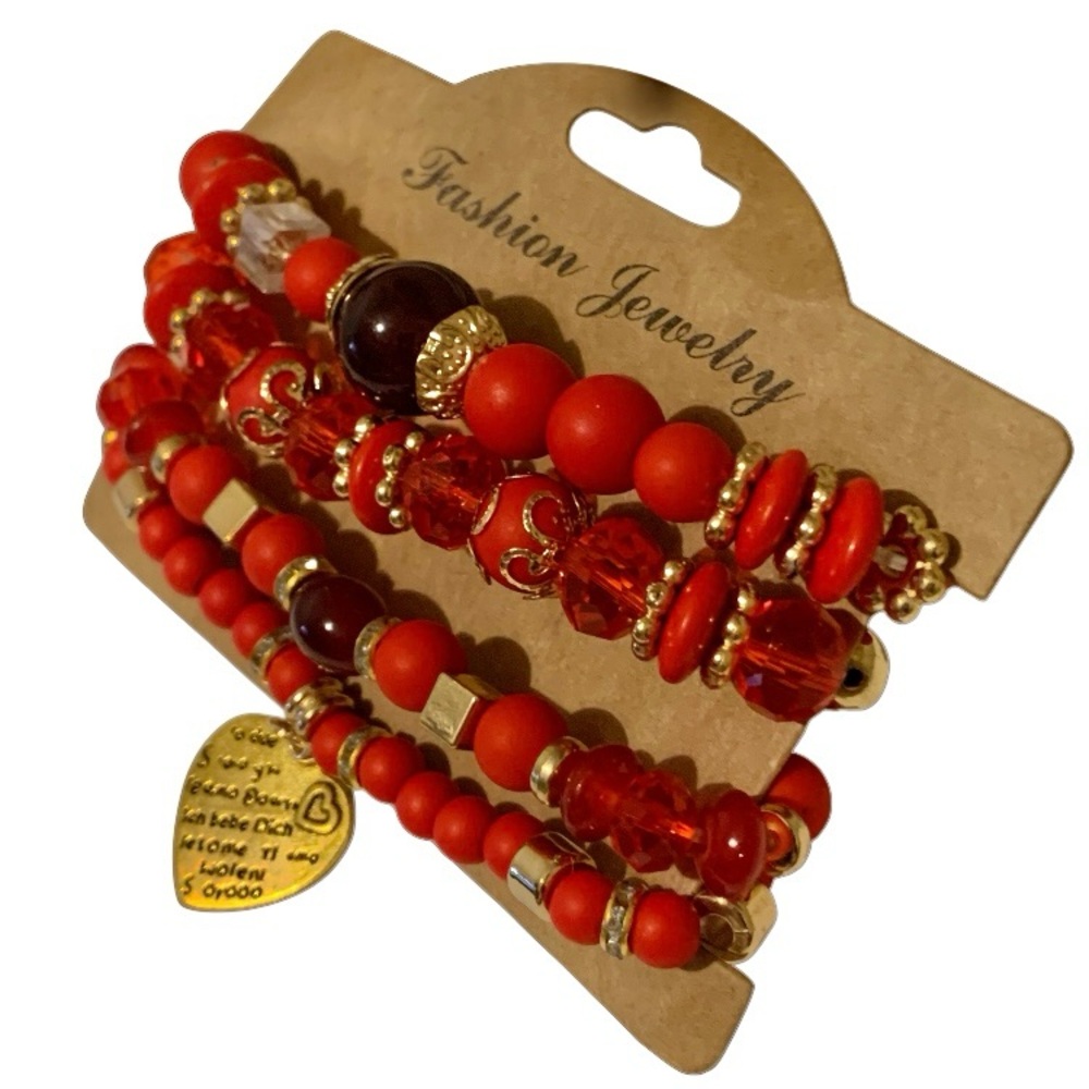Bracelet Set 4 PC Handmade Boho Red Natural Stone Beaded Heart Charm 
Stackable - Picture 4 of 11